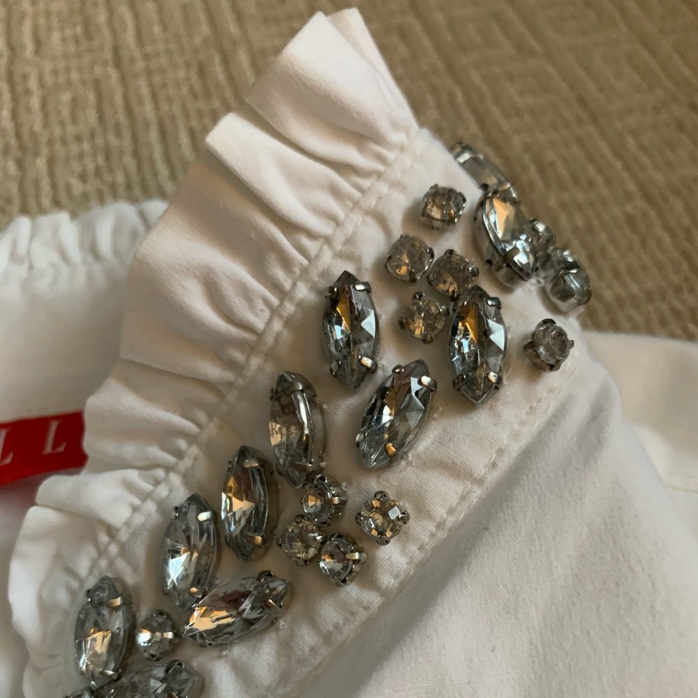 White holiday rhinestone ruffle collar button down